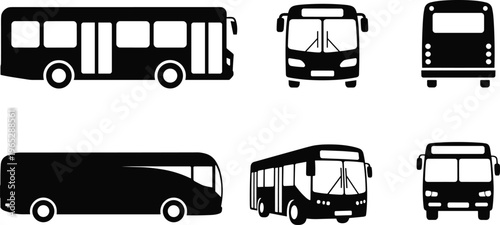 Collection of six bus silhouettes in multiple orientations including side, front, and rear views, showcasing diverse public transport vehicle designs for stock illustration and graphic use