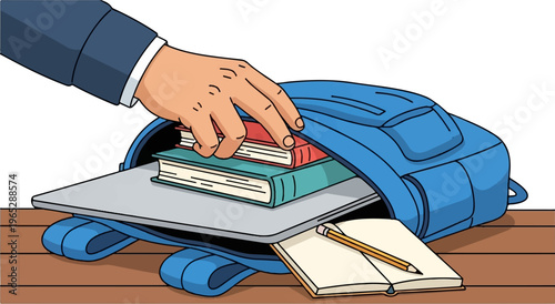 Hand packing books and notebook into a blue backpack