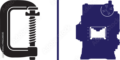 Flat vector icons of a black C-clamp and a blue industrial machine engine, representing heavy-duty construction, mechanical engineering, workshop equipment, and manufacturing tools.
