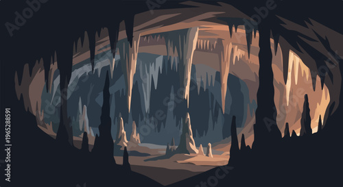 Eerie, dimly lit cave interior featuring numerous stalactites and stalagmites