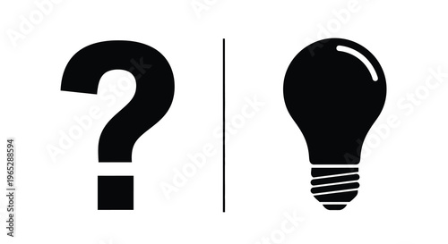 A stark black and white graphic features a question mark alongside a lightbulb separated by a vertical line high quality professional