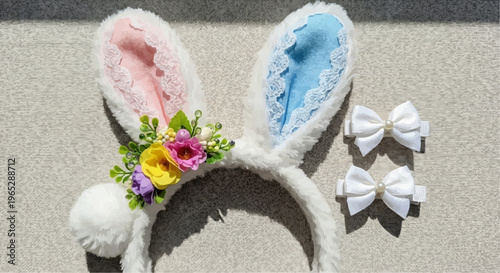 white flowers in a vase Easter Bunny Ears Headband Set Cute Rabbit Accessories Spring Festival Party Decorations Holiday Costume Props
