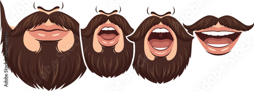 Four cartoon mouths with beards and mustaches in various open states
