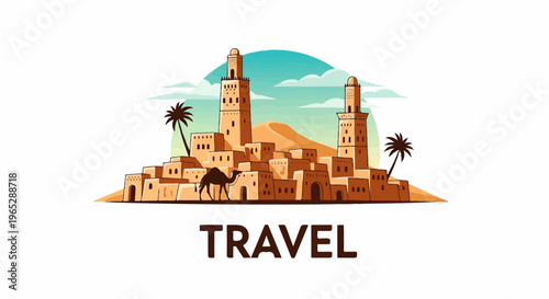 Illustration of an ancient desert city with camel and palm trees under a gradient sky