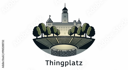 Pixelated amphitheater with tiered seating, trees, and a stone structure