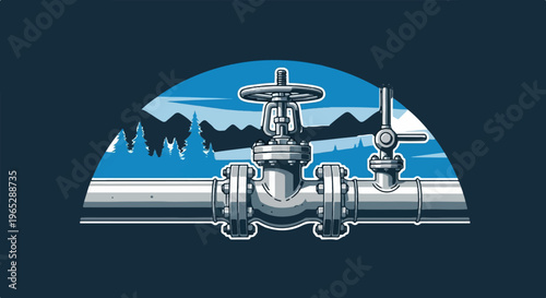 Industrial pipeline with valve and scenic mountain forest background