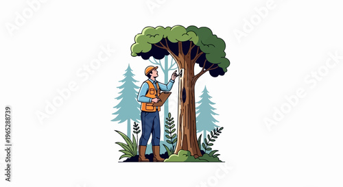 Forester examines tree trunk, holding clipboard and tool in forest