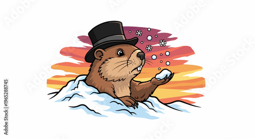 Whimsical groundhog in top hat emerging from snow, tossing snowball