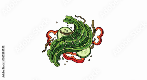 Fresh green salad with cucumber slices and red bell pepper rings