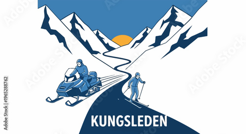 Winter mountain scene with snowmobile and skier under a sunset