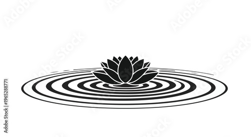Stylized black lotus flower sits centered within elegant concentric ripples on a clean.