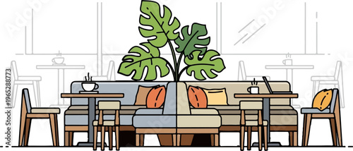 Cozy cafe interior with seating, plants, and laptops