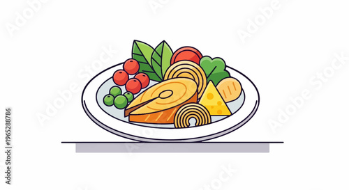 Fresh salmon steak with vegetables, cheese, and bread on a plate