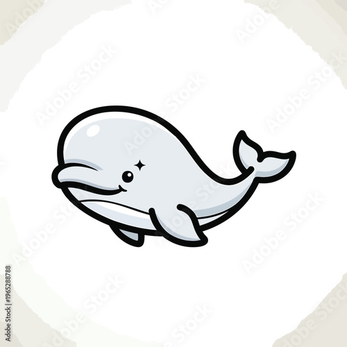 A cartoon-style illustration of a smiling beluga whale with a sparkling eye. It's set against a textured, light beige, circular backdrop. The whale is light gray