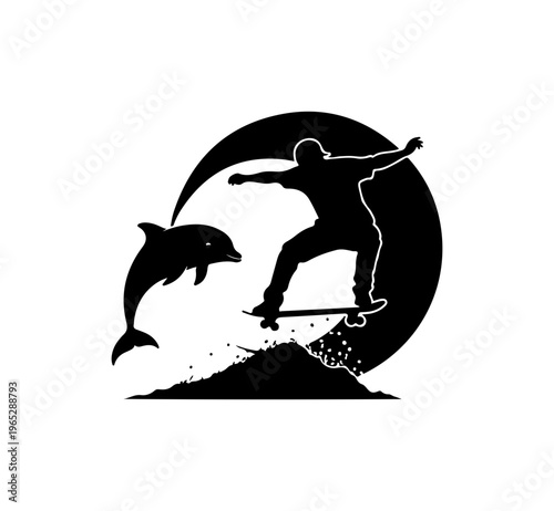 Surfer Riding Wave with Dolphin Silhouette Logo