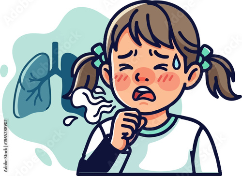 Young girl coughing, showing lungs affected by illness, with sweat beads