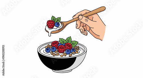 Hand holding a spoon with yogurt, berries, and grains over a bowl of cereal