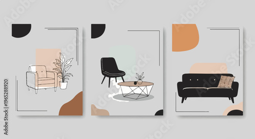 Minimalist interior scenes with furniture and plants