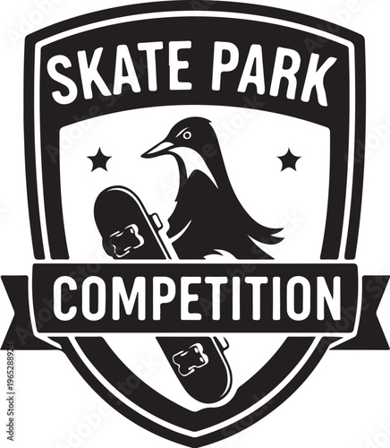 Skate park competition logo, skateboard, penguin mascot, shield badge