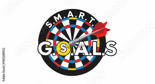 Dartboard with dart striking center, text "S.M.A.R.T. G.O.A.L.S