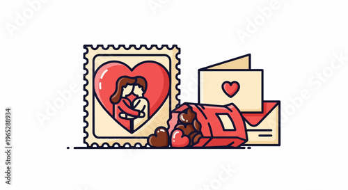 Heart-shaped stamp, envelope, and spilled chocolates create a romantic scene