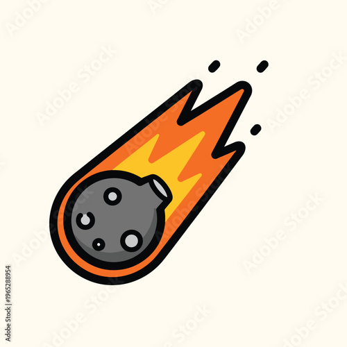 A cartoon-style illustration shows a meteoroid with a gray, cratered body and a flaming orange and yellow tail. Black outline