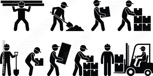 Black vector silhouettes of manual workers including warehouse staff moving boxes a forklift driver and construction laborers digging and carrying heavy timber materials