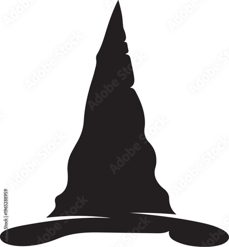 Black wizard hat silhouette, magic hat icon, witch hat vector, fantasy hat symbol