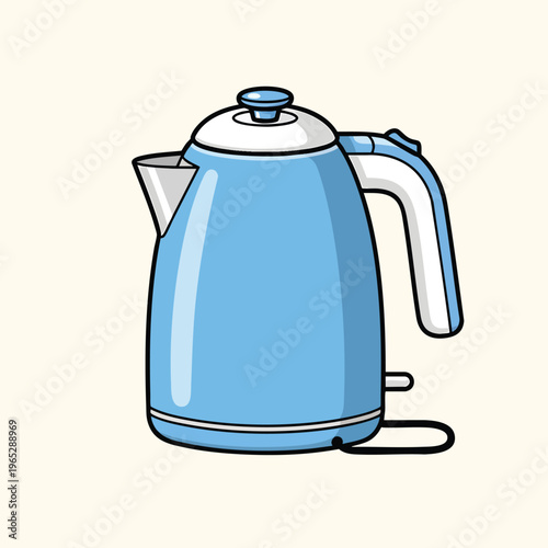 A cartoon-style illustration shows a light blue electric kettle with a white handle, lid, and spout against an off-white background
