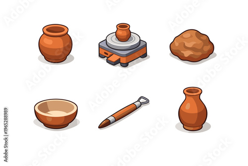 Cartoon pottery set with clay lump, spinning wheel, shaping tool, and ceramic vessels and bowl, isolated on white background for crafting concept
