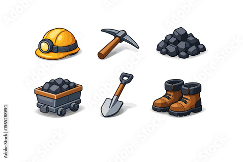 Set of mining equipment icons including safety helmet, pickaxe, coal pile, mine cart, shovel, and work boots in clean illustration style