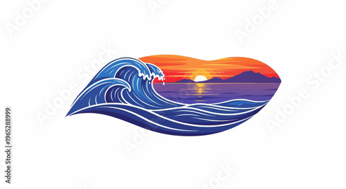 Pixelated ocean wave crashing at sunset over mountains