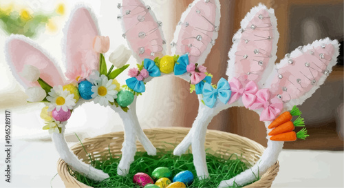 easter basket with easter eggs Easter Bunny Ears Headband Set Cute Rabbit Accessories Spring Festival Party Decorations Holiday Costume Props