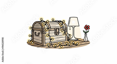 Illuminated wooden chest with lamp and flower on shelf