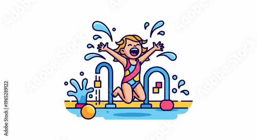 Joyful child in swimsuit jumping through water jets and splashing