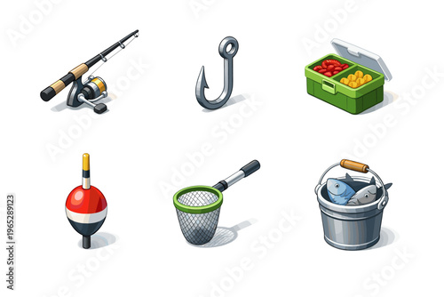 Fishing equipment collection featuring rod and reel, metal hook, tackle box, bobber float, landing net, and bucket with fish on white background