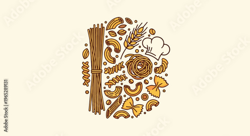 Diverse pasta shapes, wheat stalk, and chef hat arranged artistically