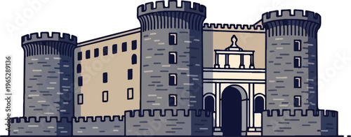 Imposing stone fortress with crenellated walls and arched entrance