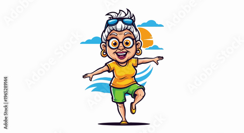 Joyful older woman in casual beachwear dancing under a bright sun
