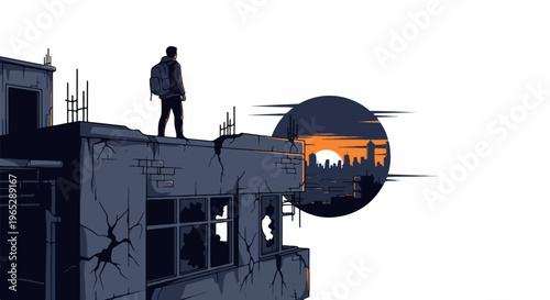 Lone figure surveys a desolate cityscape at sunset