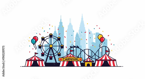 Festive carnival scene with rides, tents, balloons, confetti, and city skyline