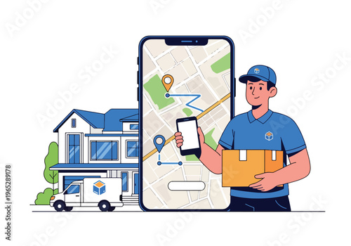 delivery driver holding package while checking mobile app outside suburban home, last mile logistics and e-commerce delivery service concept in clean modern vector style