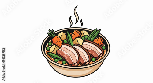 Hearty stew with tender meat, potatoes, carrots, peas, and greens