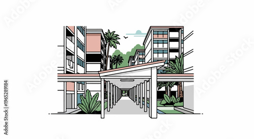 Linear perspective view of buildings and walkway with palm trees