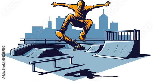Skateboarder mid-air over a skatepark with city skyline in background