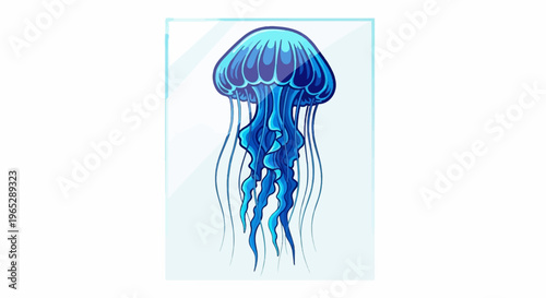 Stylized blue jellyfish with flowing tentacles against a pale blue background