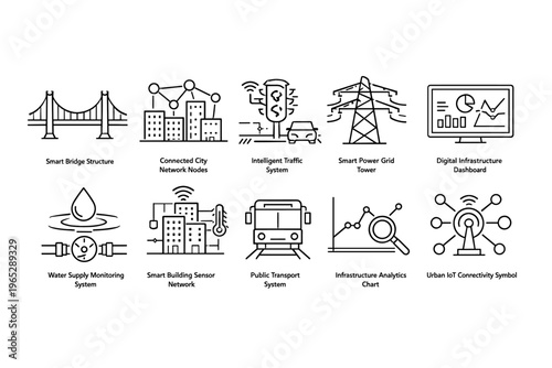 Smart city infrastructure line icons showing connected networks, intelligent traffic, power grid, digital dashboards, water monitoring, sensors, and transit
