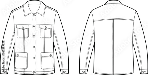 Technical flat sketch of collared jacket showing front and back views, buttoned flap pockets, seam details, cuffs, garment construction, and fashion design reference for apparel projects