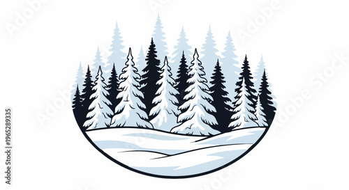 Stylized, dark and light blue conifer forest covered in snow