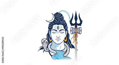 Stylized depiction of a deity with closed eyes, crescent moon, river, snake, and trident